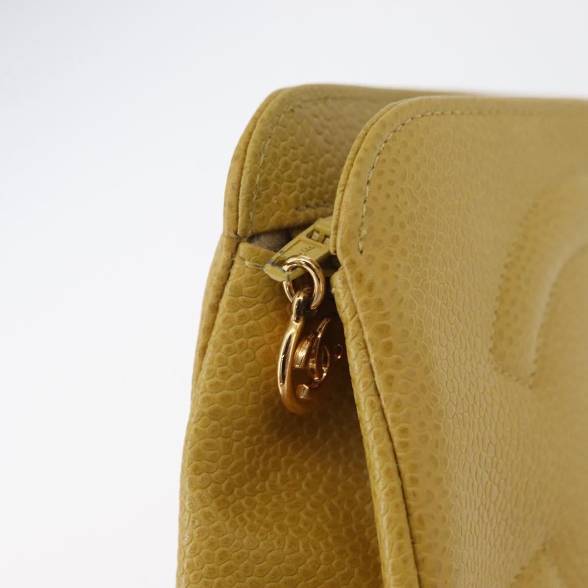 CHANEL Pouch Caviar Skin Yellow Gold CC Auth 179955