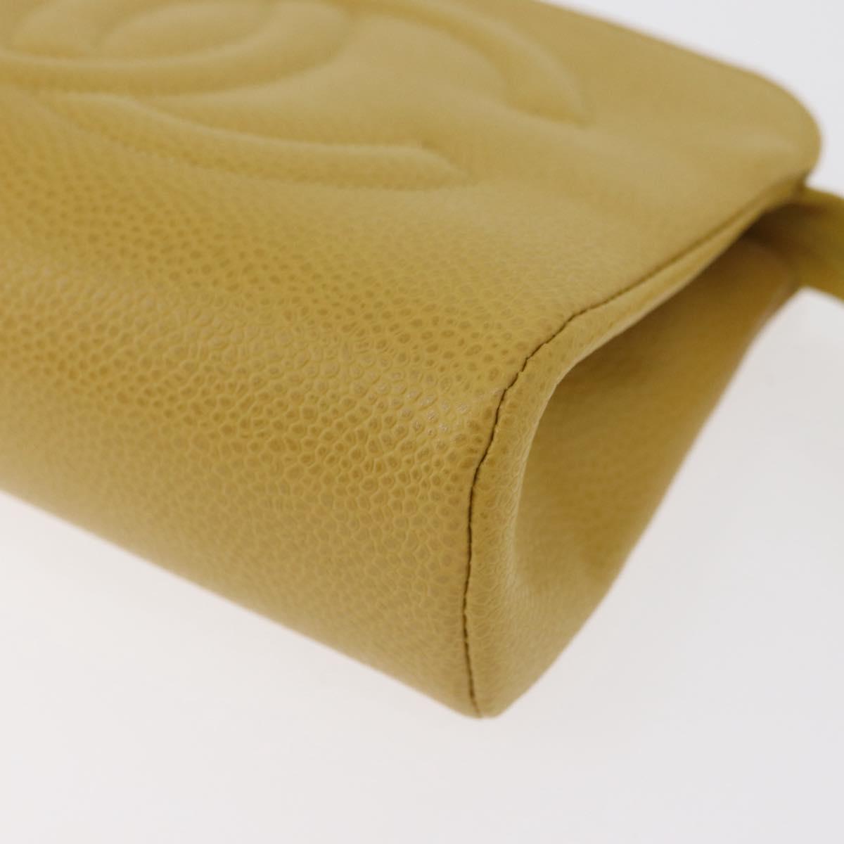 CHANEL Pouch Caviar Skin Yellow Gold CC Auth 179955