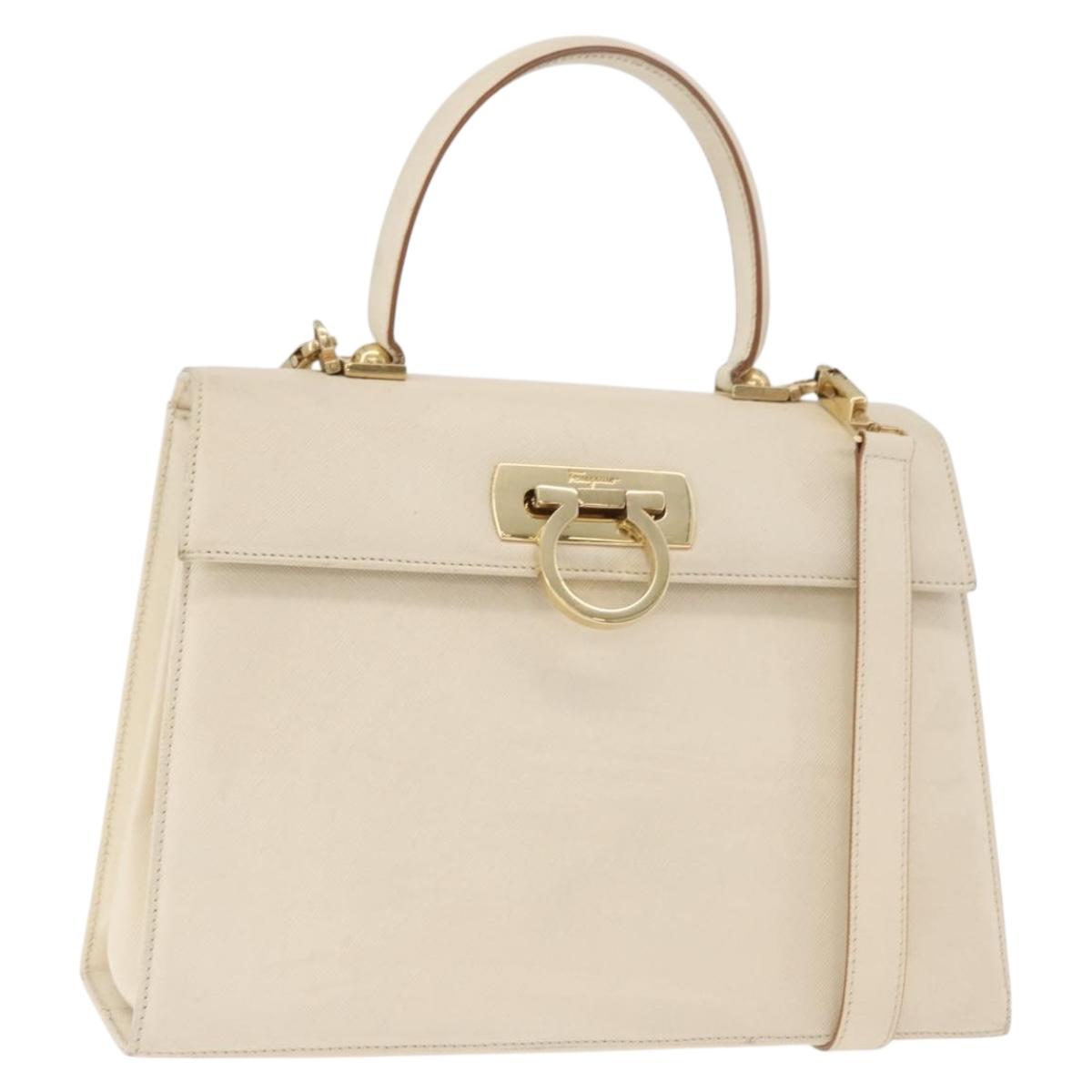 Salvatore Ferragamo Gancini Hand Bag Leather 2way White Gold Auth 179959