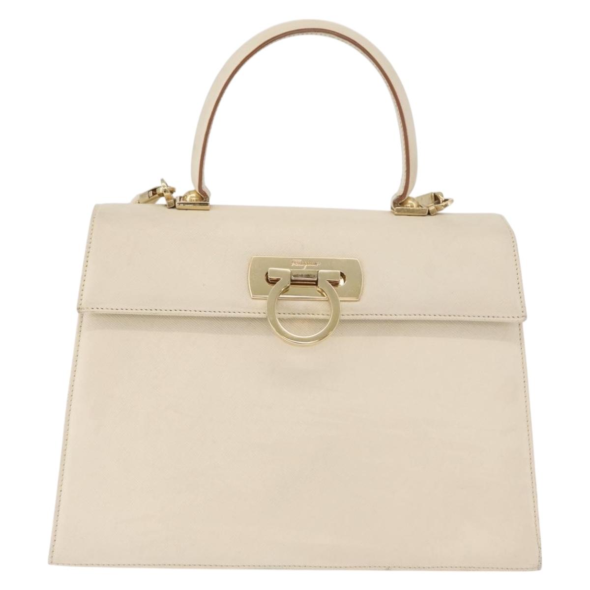 Salvatore Ferragamo Gancini Hand Bag Leather 2way White Gold Auth 179959