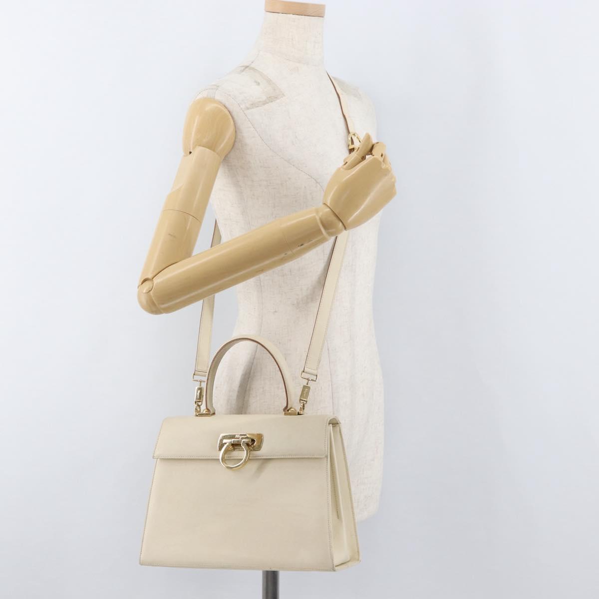 Salvatore Ferragamo Gancini Hand Bag Leather 2way White Gold Auth 179959