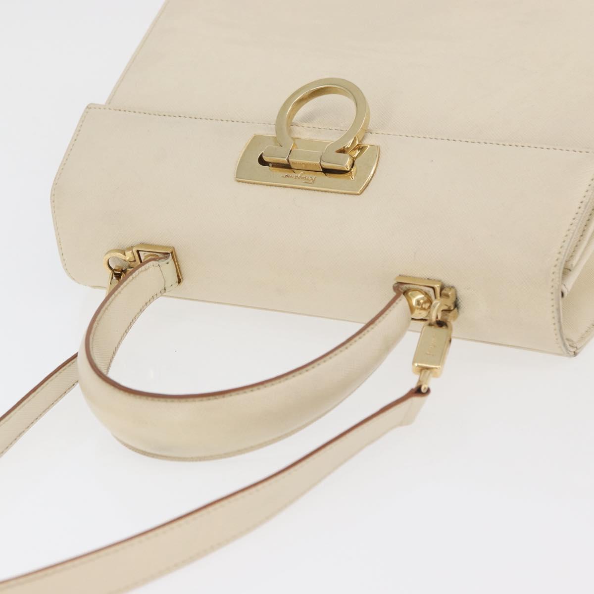Salvatore Ferragamo Gancini Hand Bag Leather 2way White Gold Auth 179959