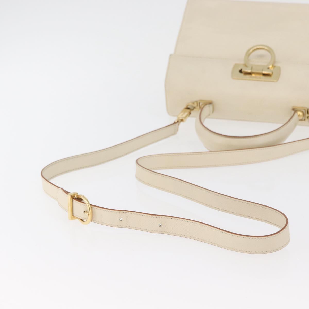 Salvatore Ferragamo Gancini Hand Bag Leather 2way White Gold Auth 179959