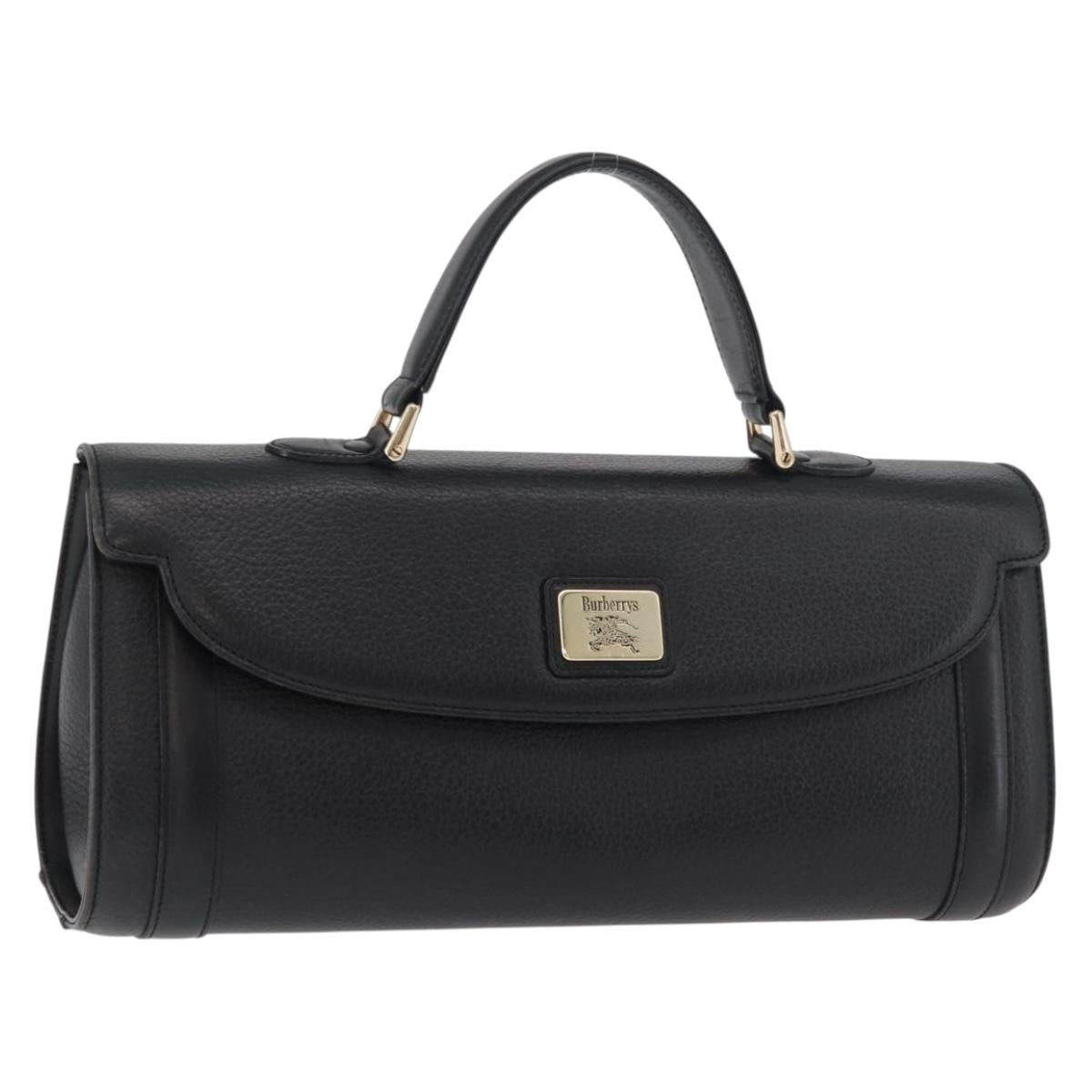 Burberrys Hand Bag Leather Black Gold Auth 179992