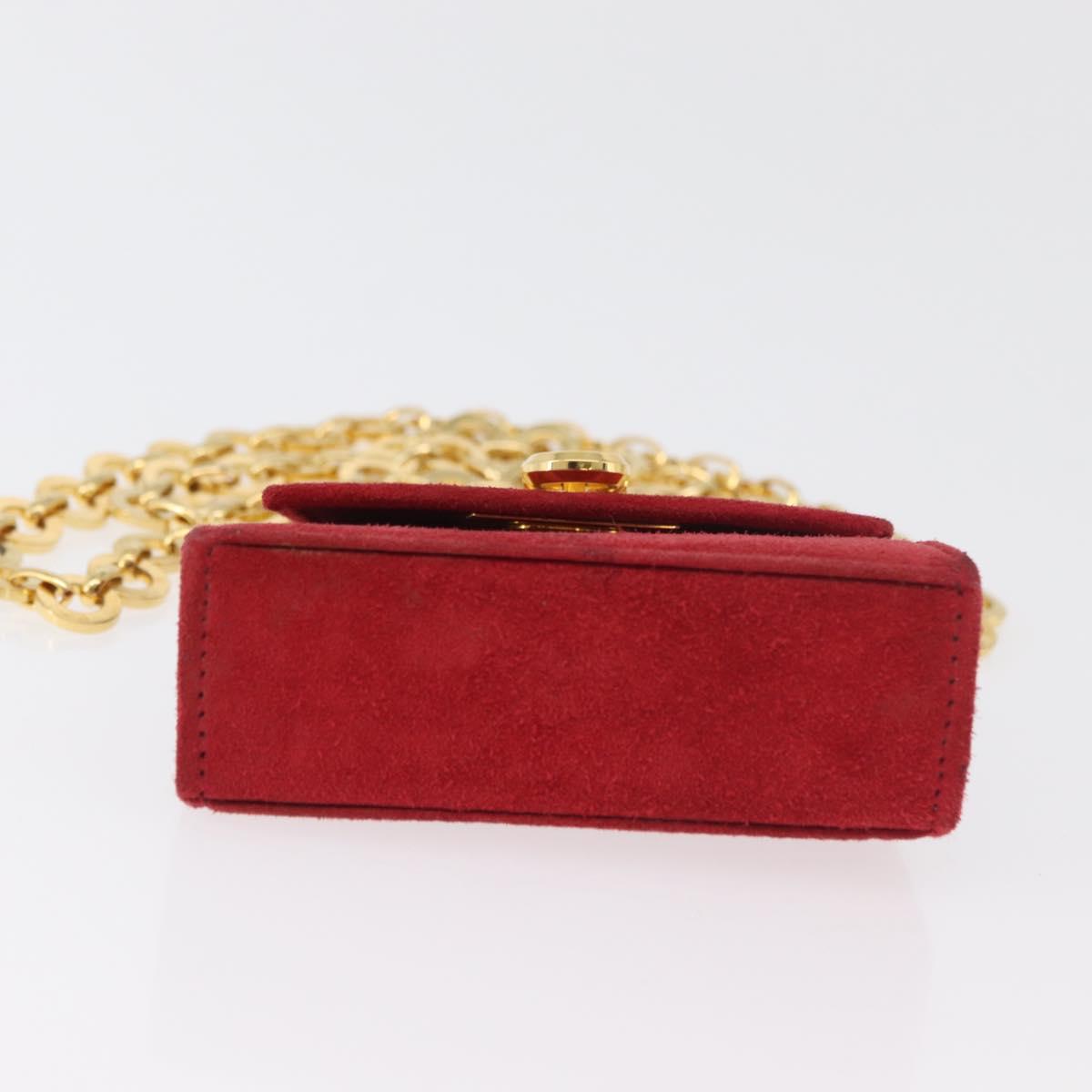 Salvatore Ferragamo Chain Gancini Shoulder Bag Suede Red Gold Auth 179999