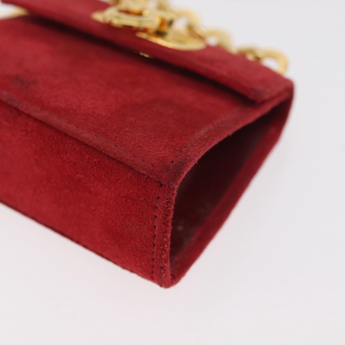 Salvatore Ferragamo Chain Gancini Shoulder Bag Suede Red Gold Auth 179999