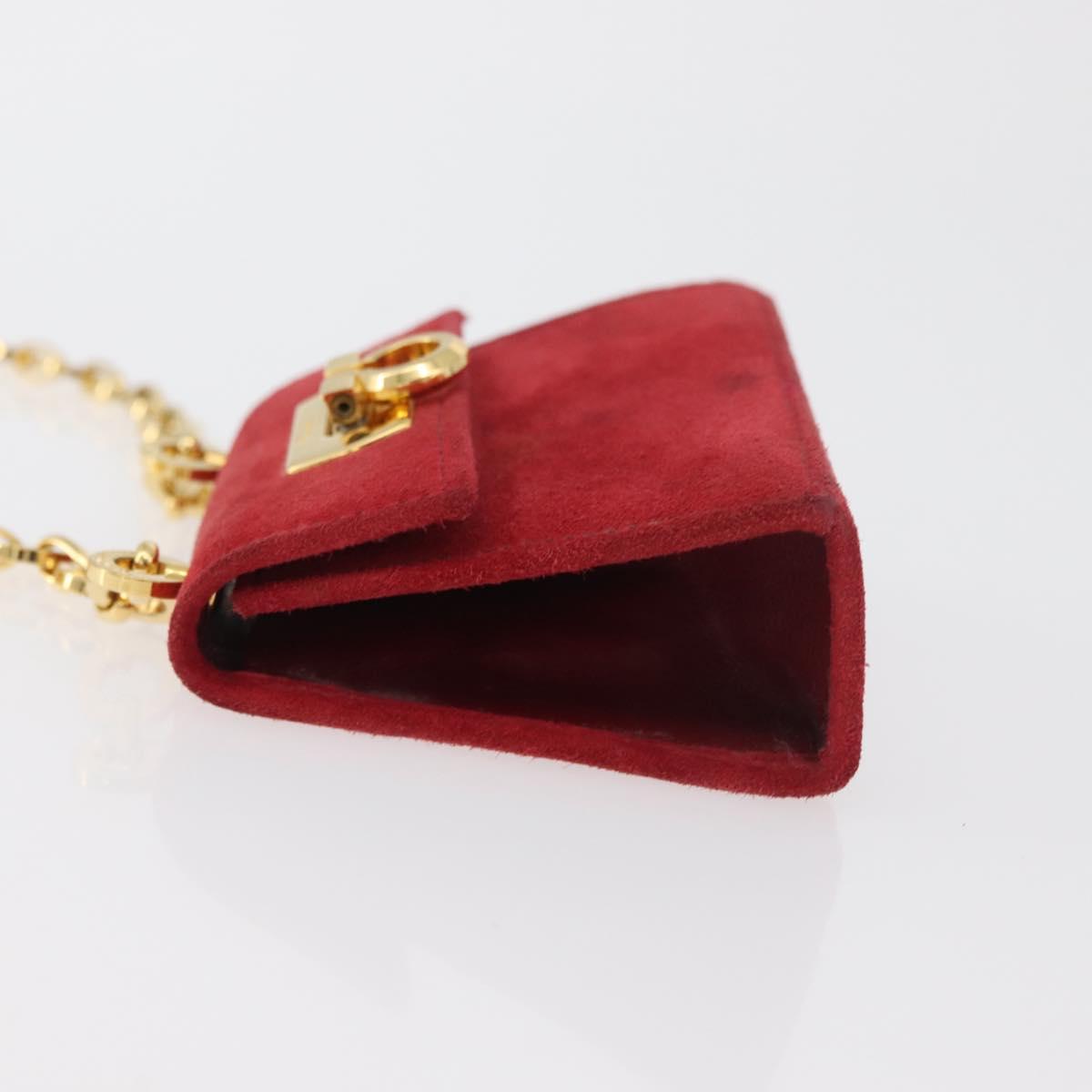 Salvatore Ferragamo Chain Gancini Shoulder Bag Suede Red Gold Auth 179999