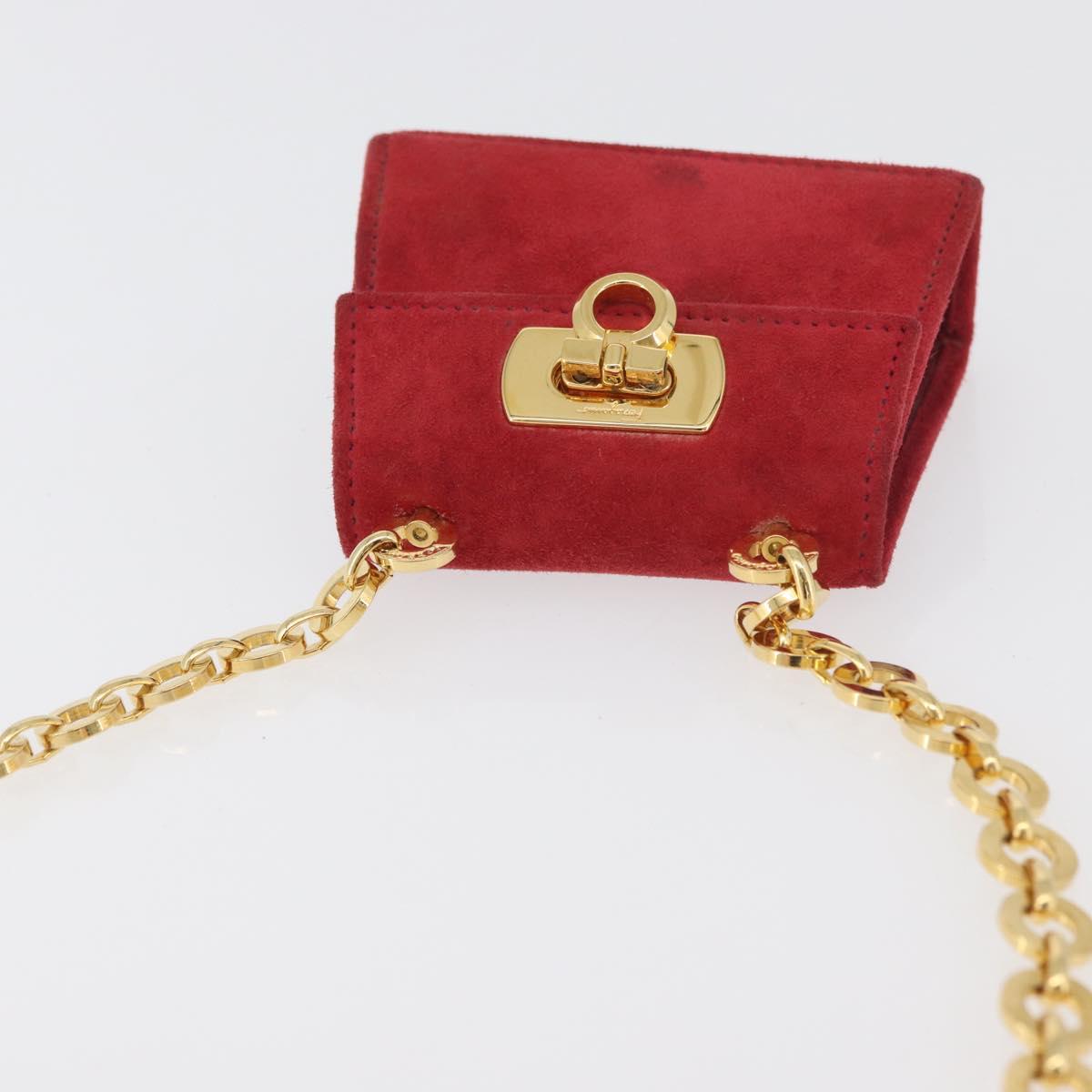 Salvatore Ferragamo Chain Gancini Shoulder Bag Suede Red Gold Auth 179999