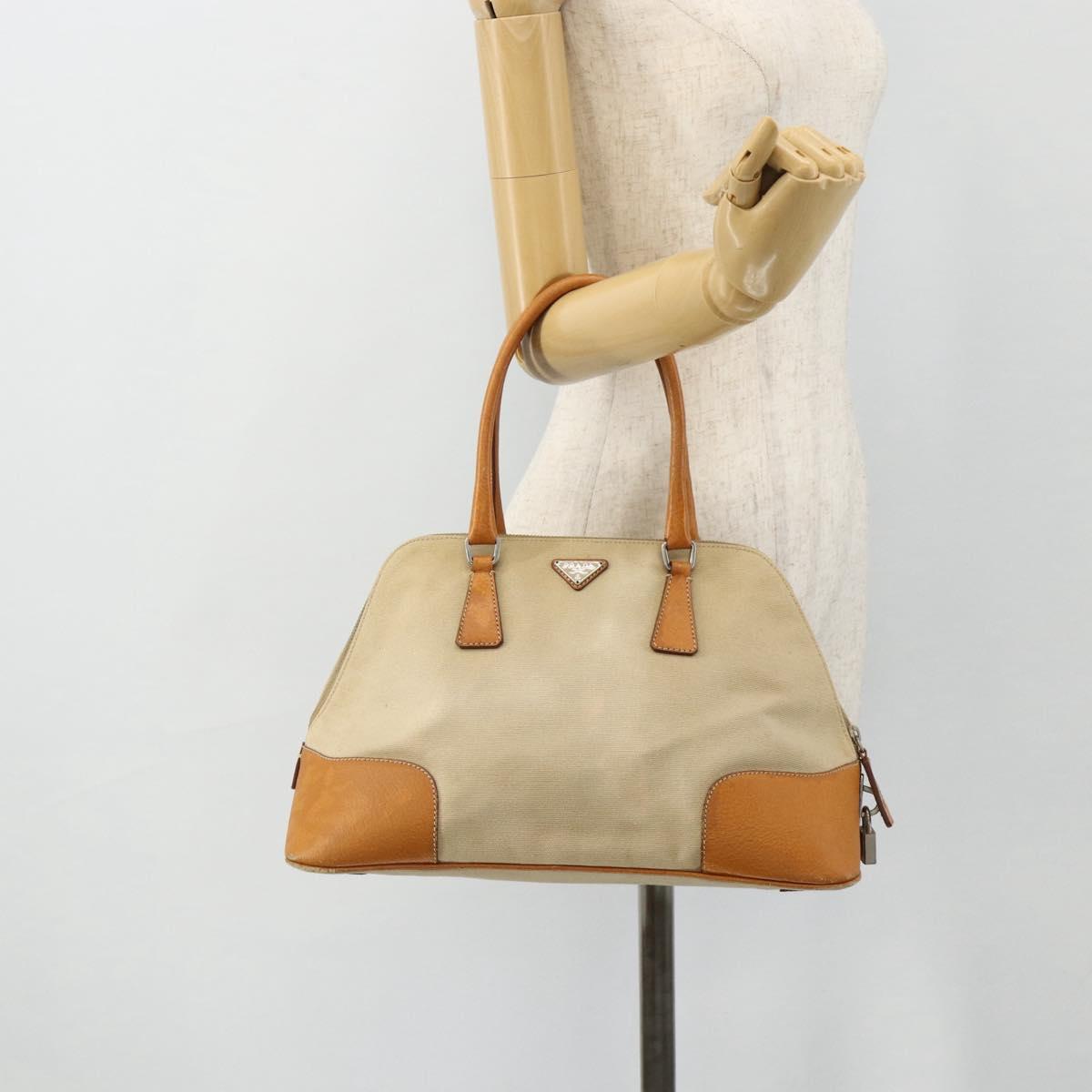 PRADA Hand Bag Canvas Beige Silver Auth 180028