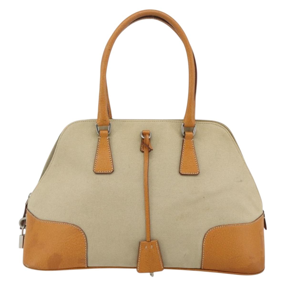 PRADA Hand Bag Canvas Beige Silver Auth 180028