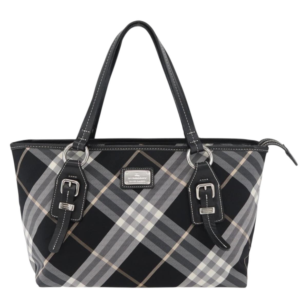 BURBERRY Nova Check Blue Label Tote Bag Nylon Black Silver Auth 180034