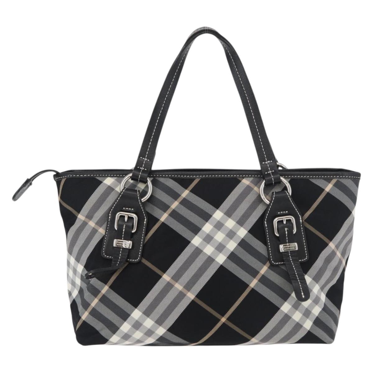 BURBERRY Nova Check Blue Label Tote Bag Nylon Black Silver Auth 180034