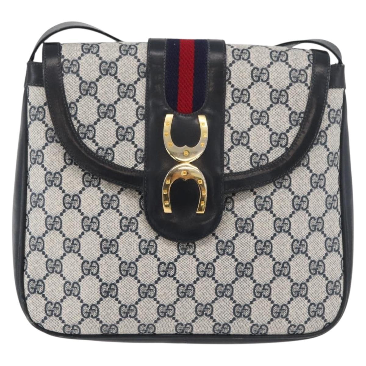 GUCCI GG Supreme Sherry Line Shoulder Bag PVC Navy Gold Auth 180037