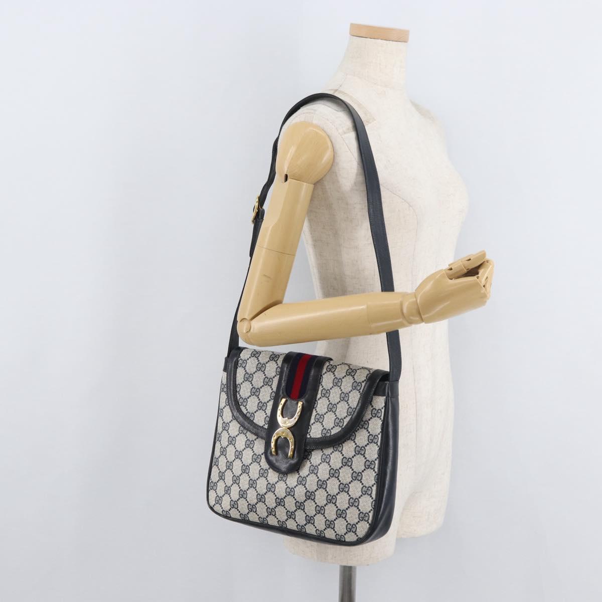 GUCCI GG Supreme Sherry Line Shoulder Bag PVC Navy Gold Auth 180037