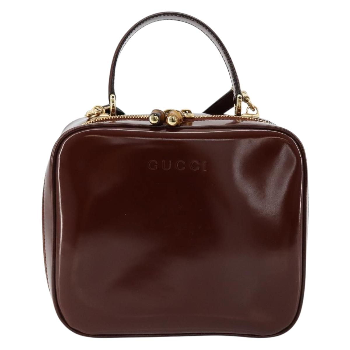 GUCCI Bamboo Vanity Hand Bag Patent leather 2way Brown Gold Auth 180051