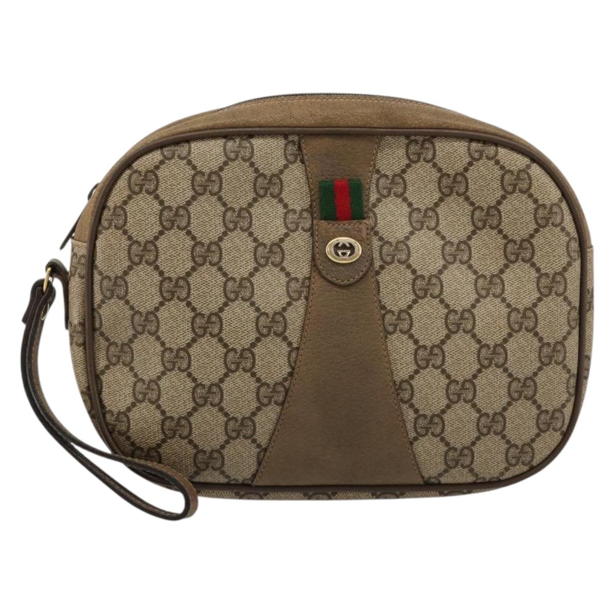 GUCCI GG Supreme Web Sherry Line Clutch Bag PVC Beige Gold 89 01 034 Auth 180063