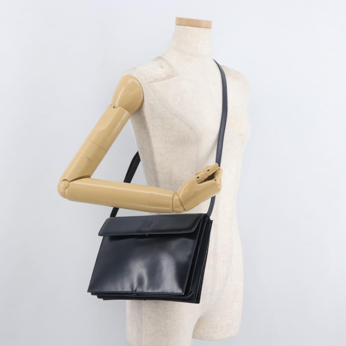 LOEWE Anagram Shoulder Bag Leather Navy Gold Auth 180071