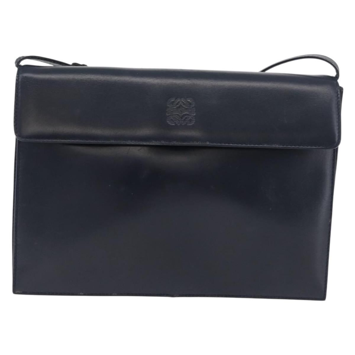 LOEWE Anagram Shoulder Bag Leather Navy Gold Auth 180071
