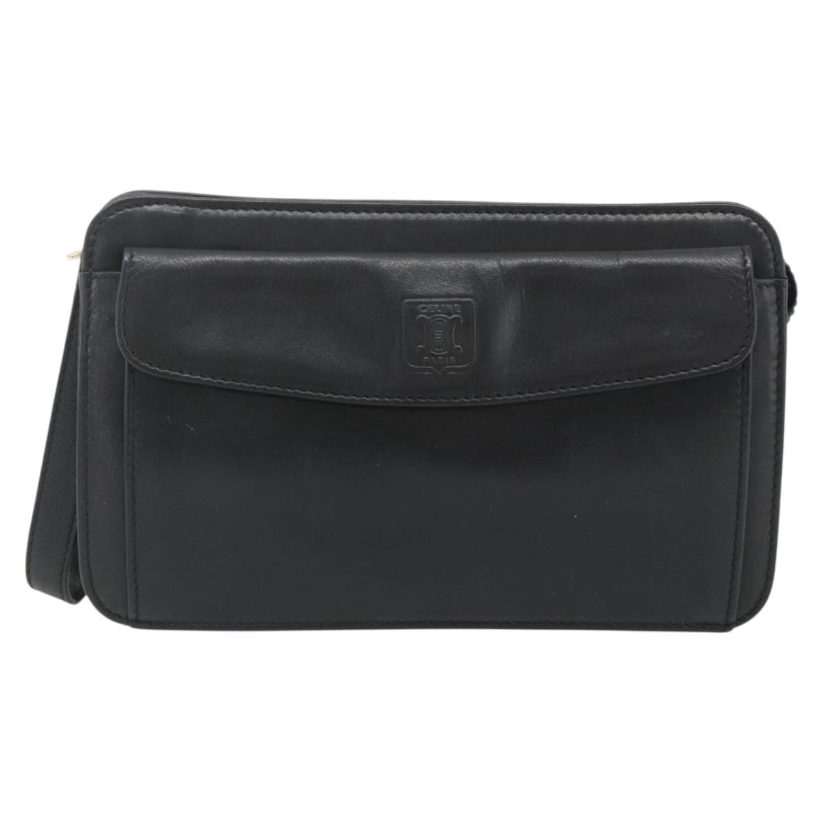 CELINE Clutch Bag Leather Black Gold Auth 180072