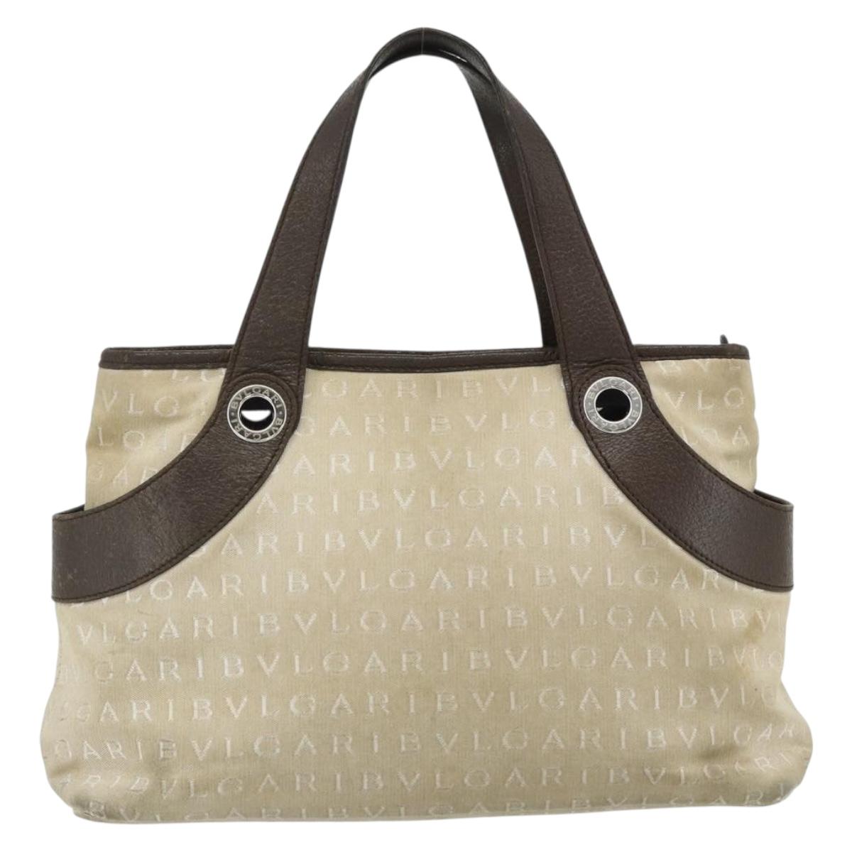 BVLGARI Logo Mania Hand Bag Canvas Beige Silver Auth 180078