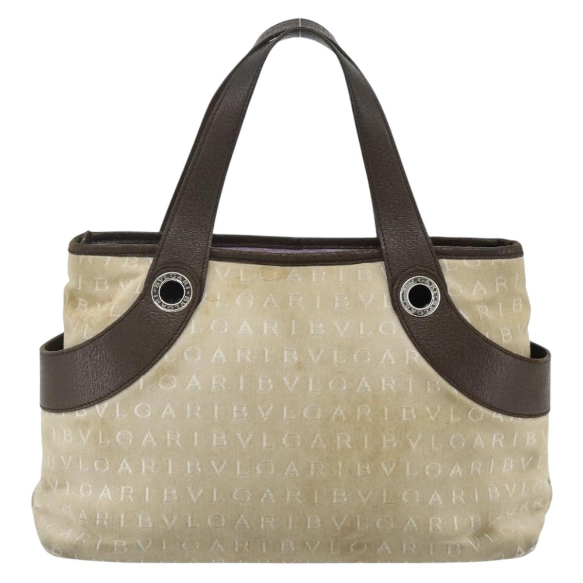 BVLGARI Logo Mania Hand Bag Canvas Beige Silver Auth 180078