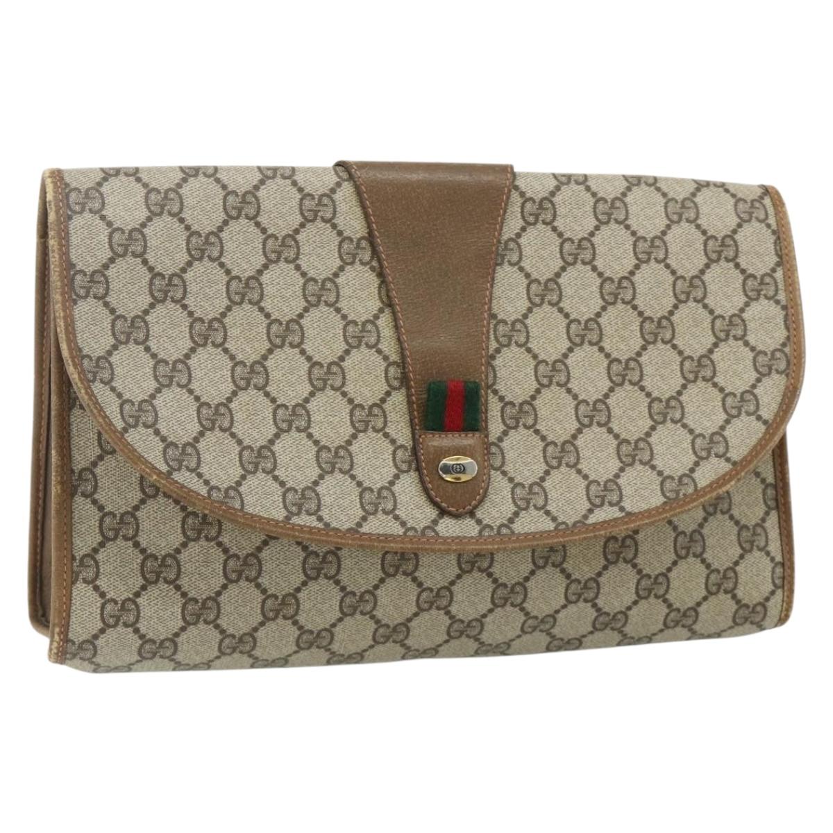 GUCCI GG Supreme Web Sherry Line Clutch Bag PVC Beige Gold 89 01 031 Auth 180130