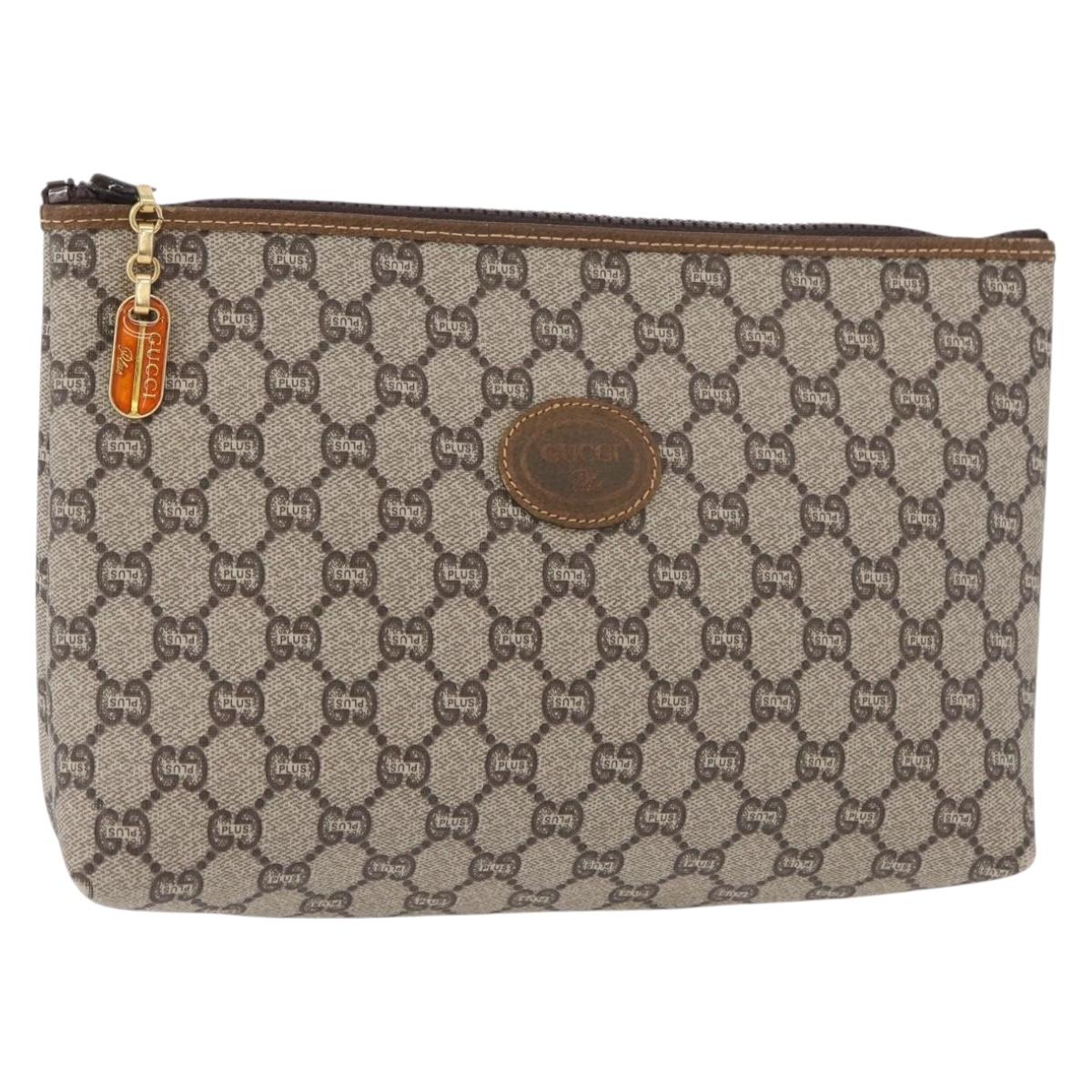 GUCCI GG Plus Supreme Clutch Bag PVC Beige Gold Auth 180136