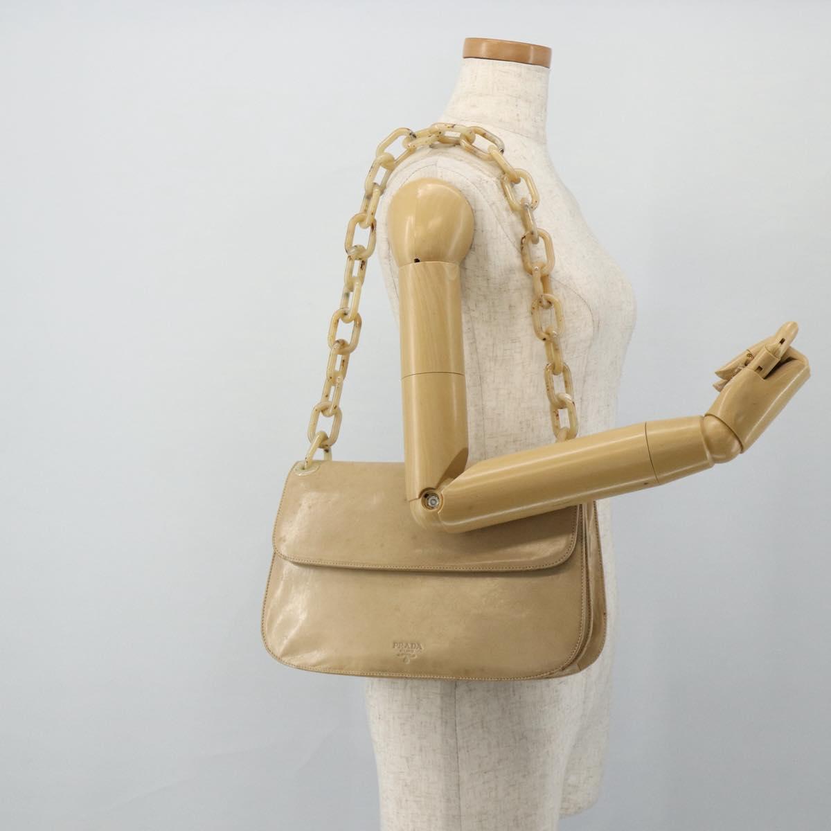 PRADA Chain Shoulder Bag Leather Beige Silver Auth 180139