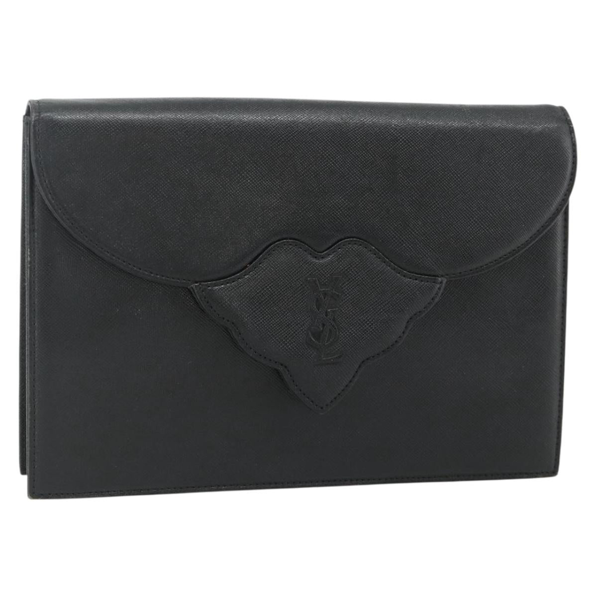 SAINT LAURENT Clutch Bag Leather Black Gold Auth 180142