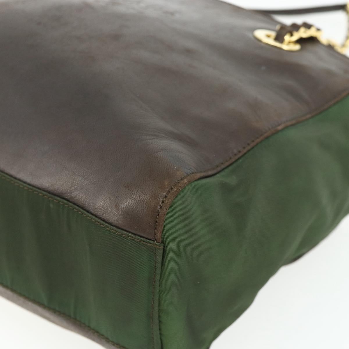PRADA Chain Tote Bag Nylon Leather Green Gold Auth 180152