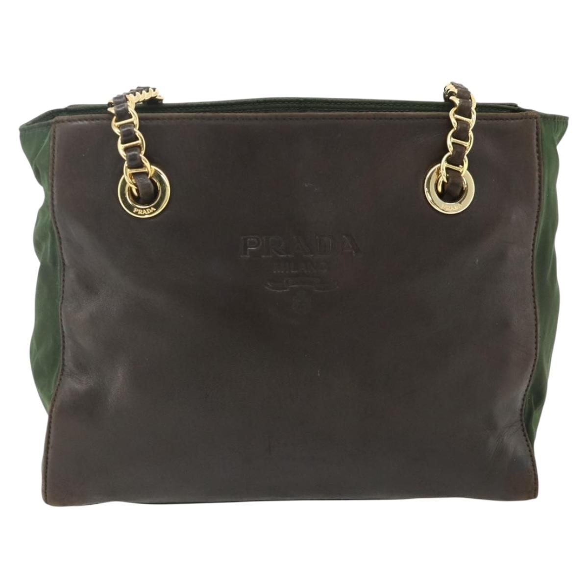 PRADA Chain Tote Bag Nylon Leather Green Gold Auth 180152