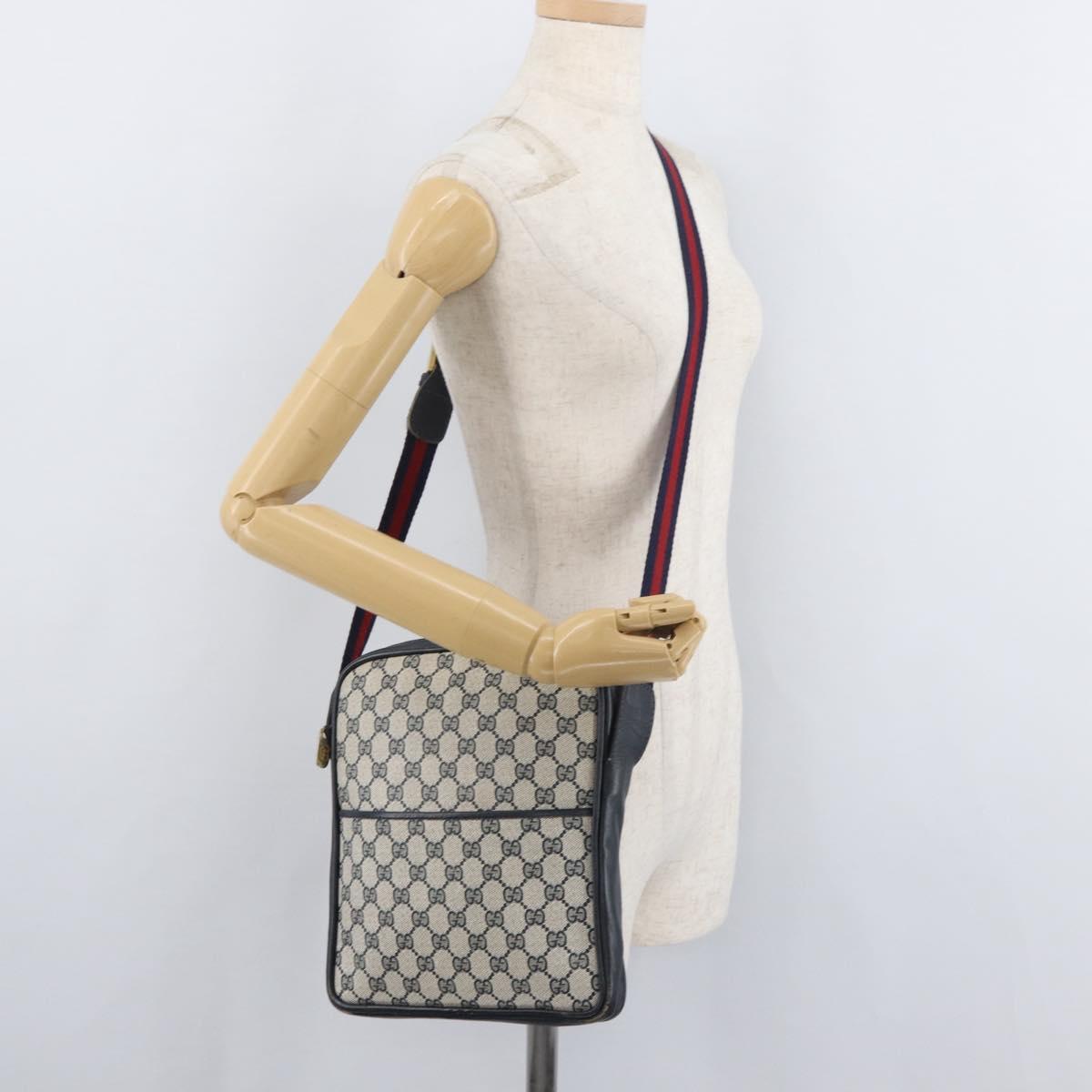 GUCCI GG Supreme Sherry Line Shoulder Bag PVC Navy Gold Auth 180181