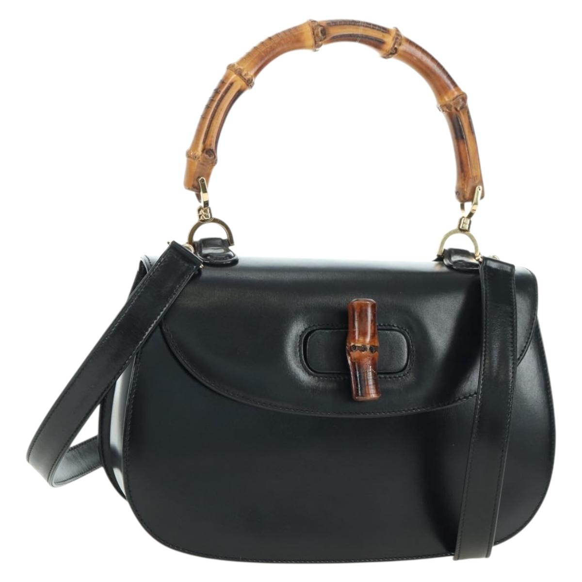 GUCCI Bamboo Hand Bag Leather 2way Black Gold 000 1364 0633 Auth 180208V