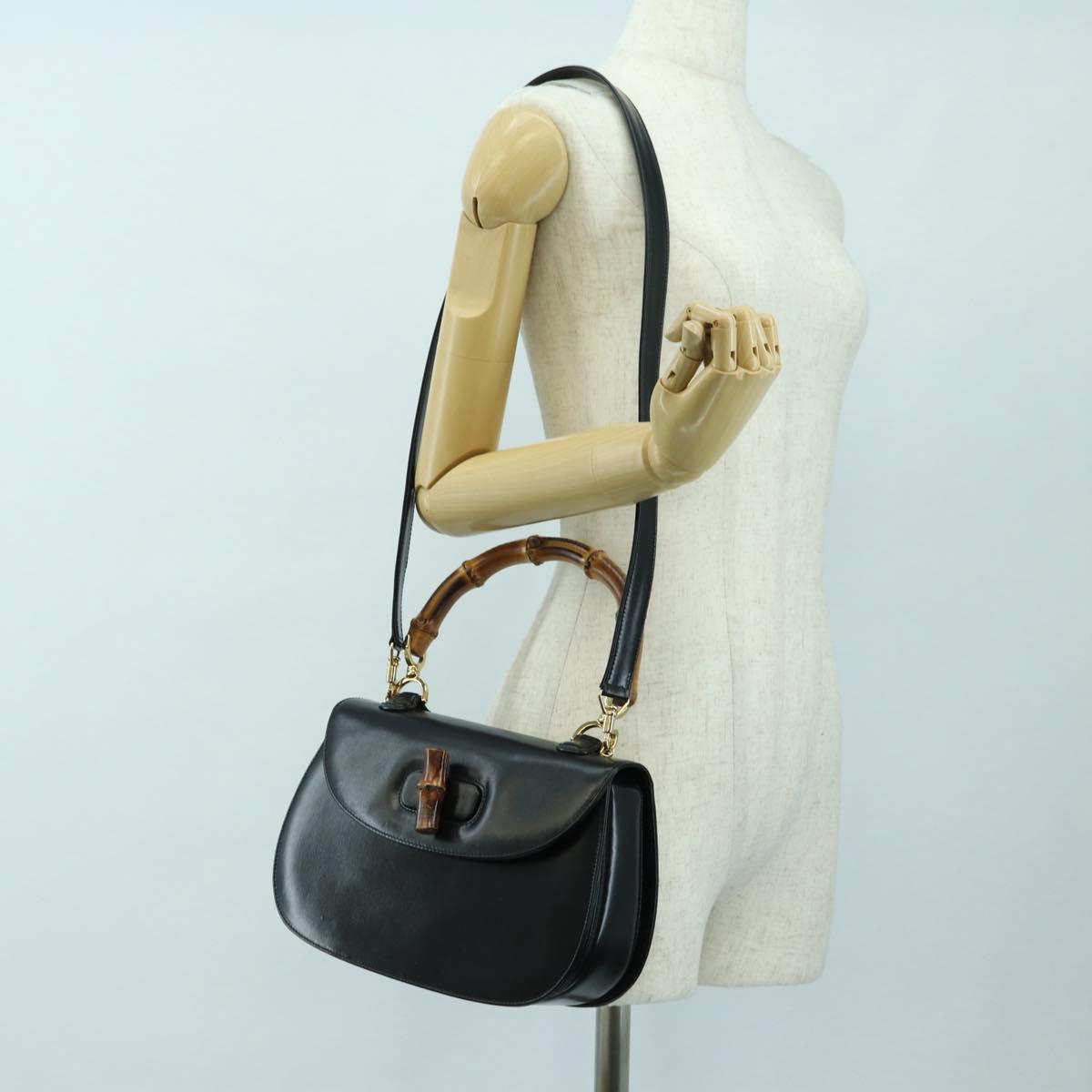 GUCCI Bamboo Hand Bag Leather 2way Black Gold 000 1364 0633 Auth 180208V