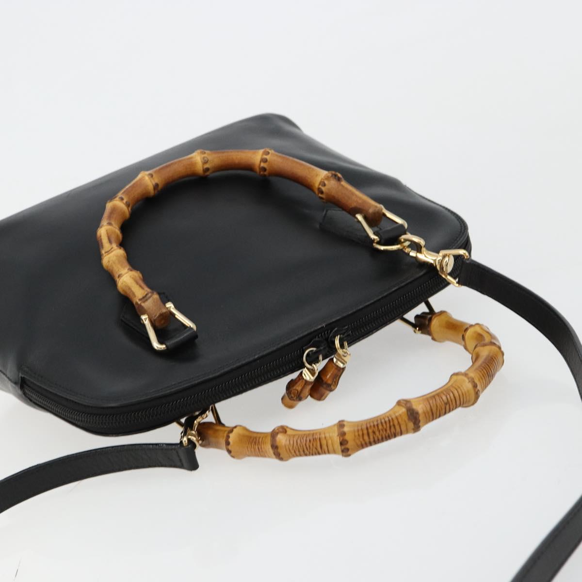 GUCCI Bamboo Hand Bag Leather 2way Black Gold 000 2122 0290 Auth 180225