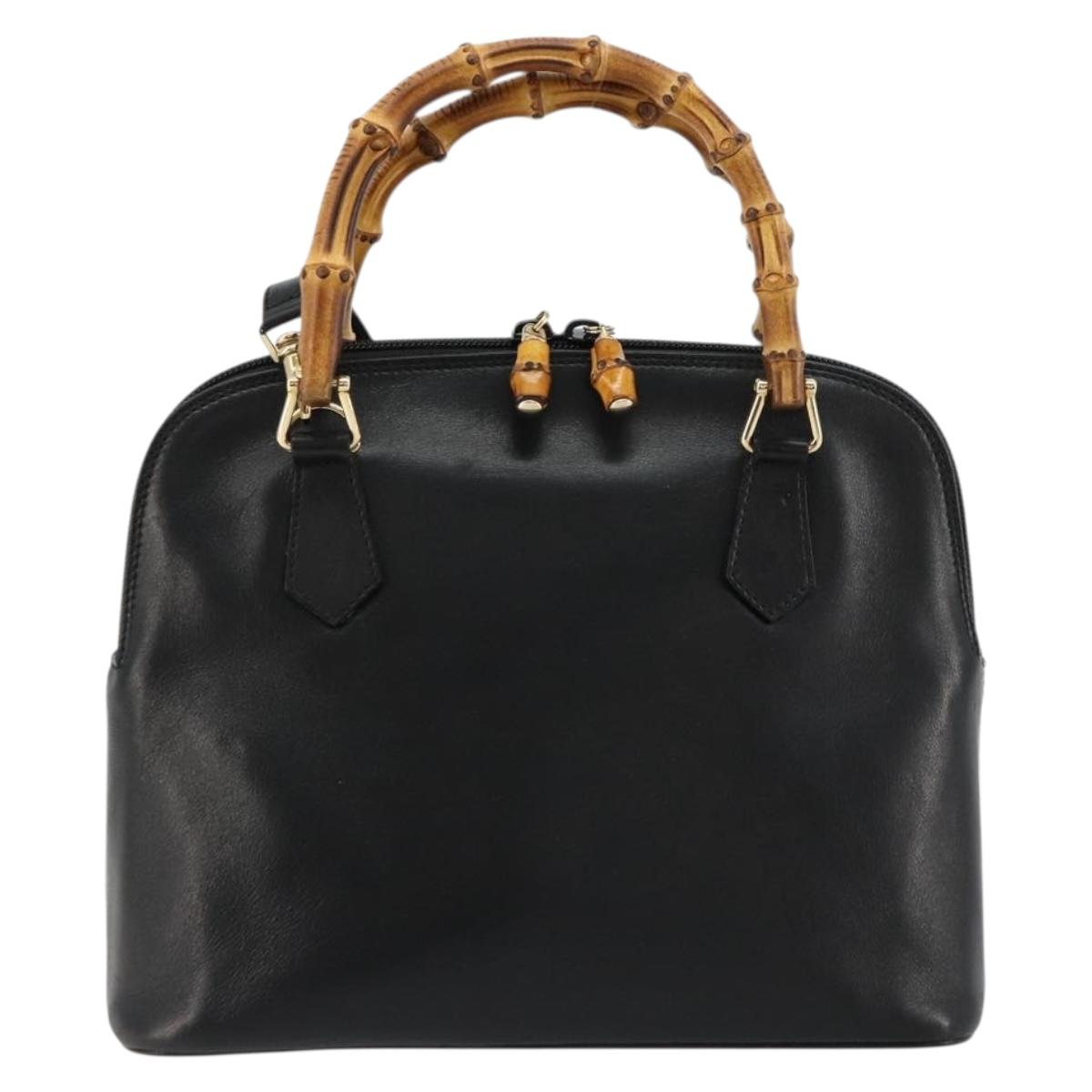 GUCCI Bamboo Hand Bag Leather 2way Black Gold 000 2122 0290 Auth 180225