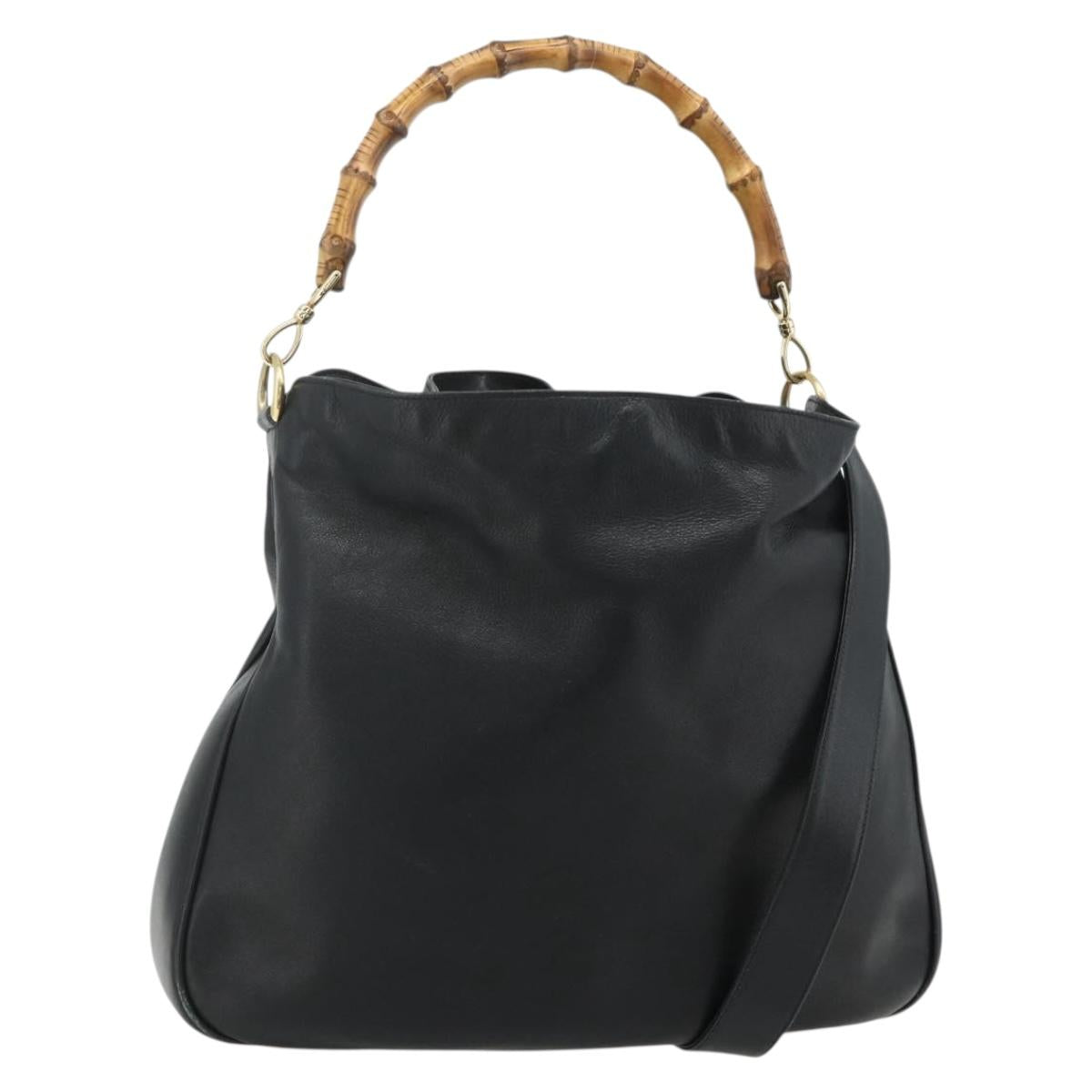 GUCCI Bamboo Shoulder Bag Leather 2way Black Gold 001 1577 Auth 180230