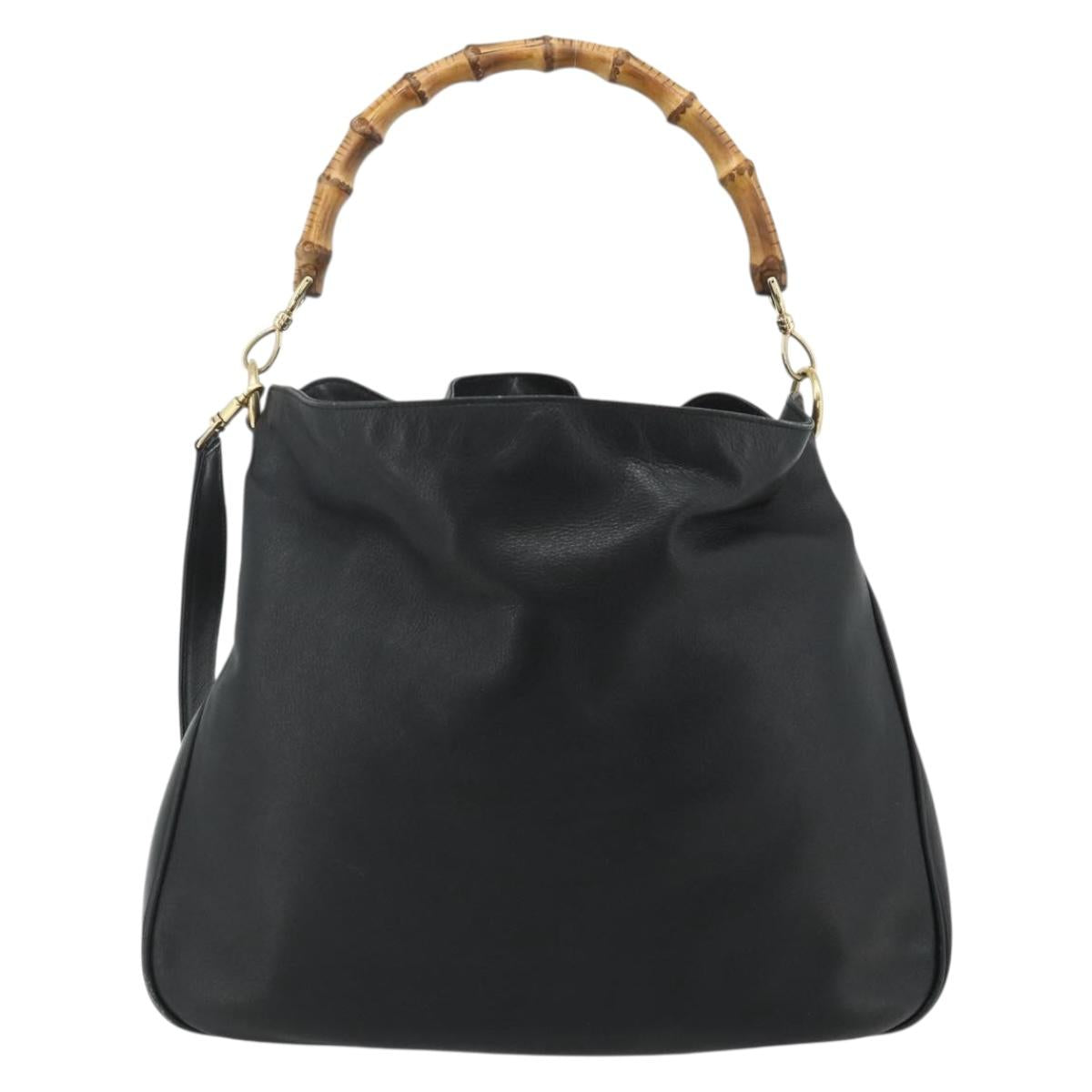 GUCCI Bamboo Shoulder Bag Leather 2way Black Gold 001 1577 Auth 180230