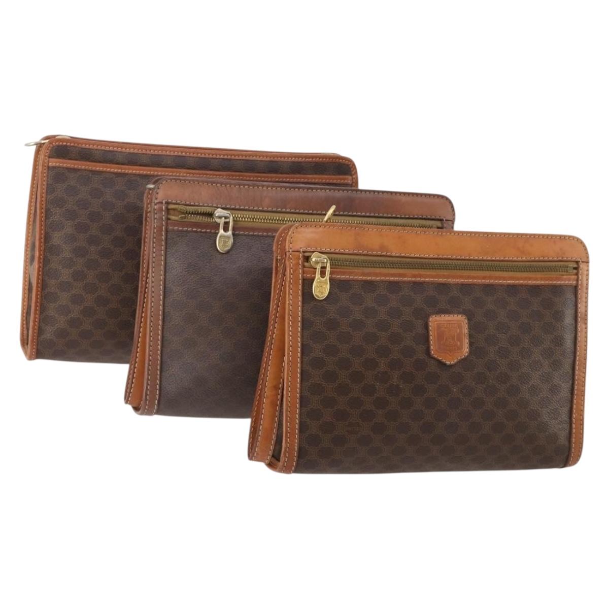 CELINE Macadam Canvas Clutch Bag PVC Leather 3 Set Brown Auth 180239