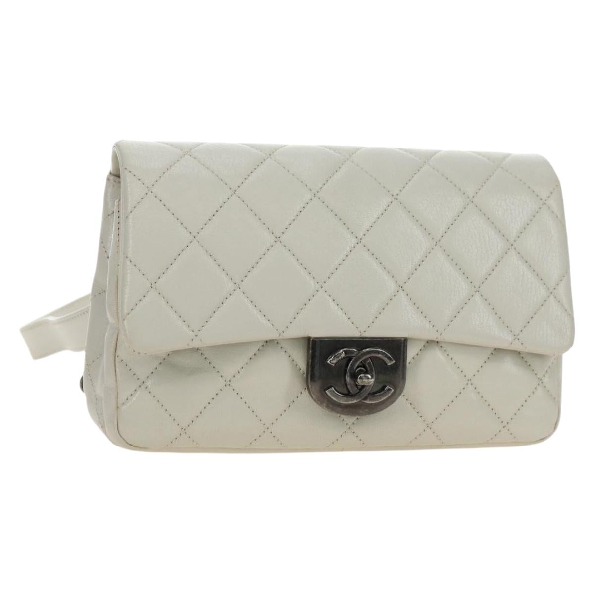 CHANEL Matelasse Chain Shoulder Bag Calf Skin 2way Ivory Silver CC Auth 180288SAV