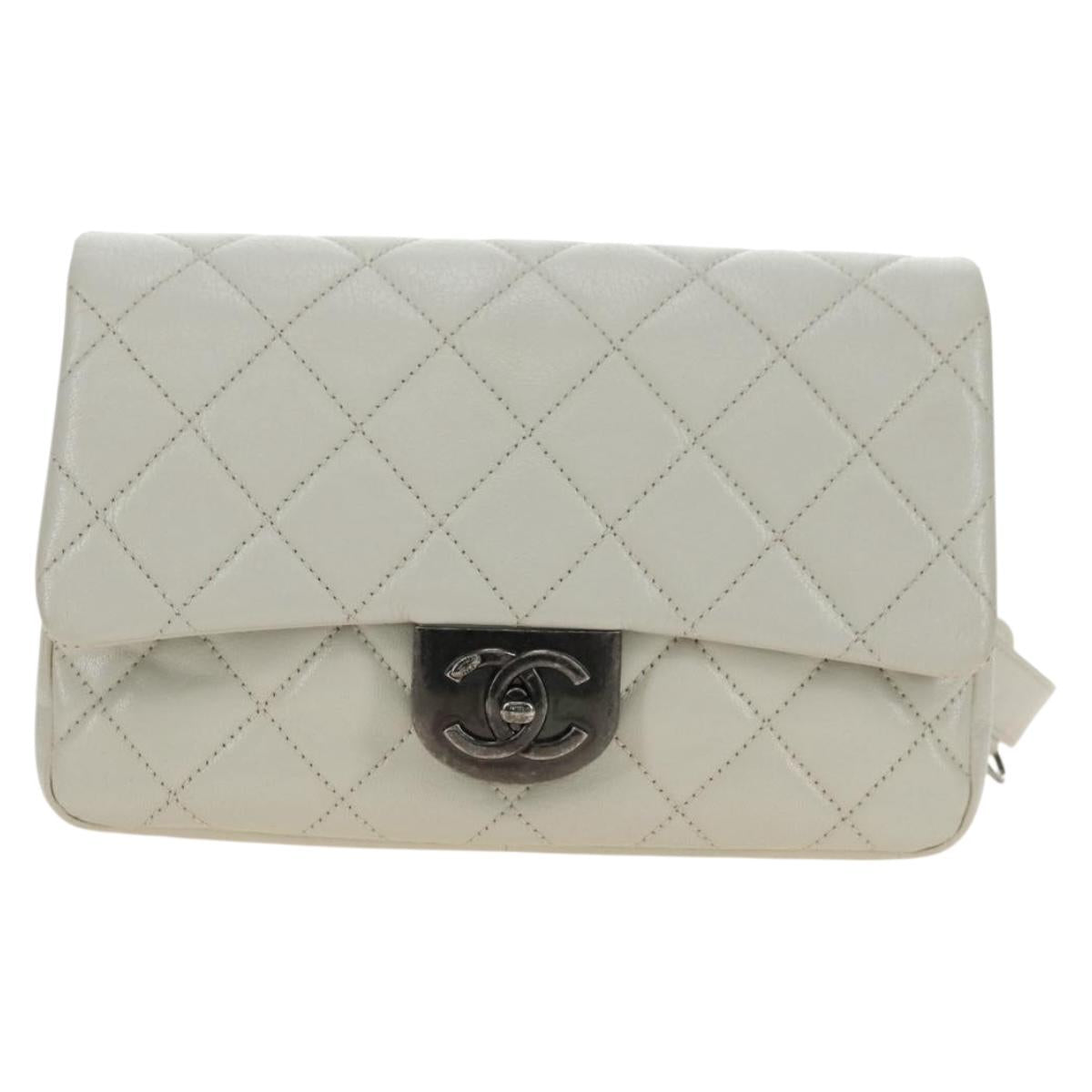 CHANEL Matelasse Chain Shoulder Bag Calf Skin 2way Ivory Silver CC Auth 180288SAV