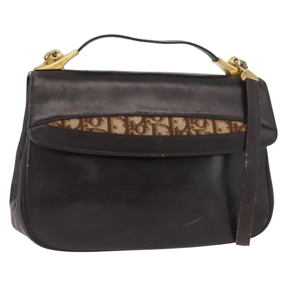 Christian Dior Hand Bag Calf Skin 2way Dark Brown Gold Auth 180355