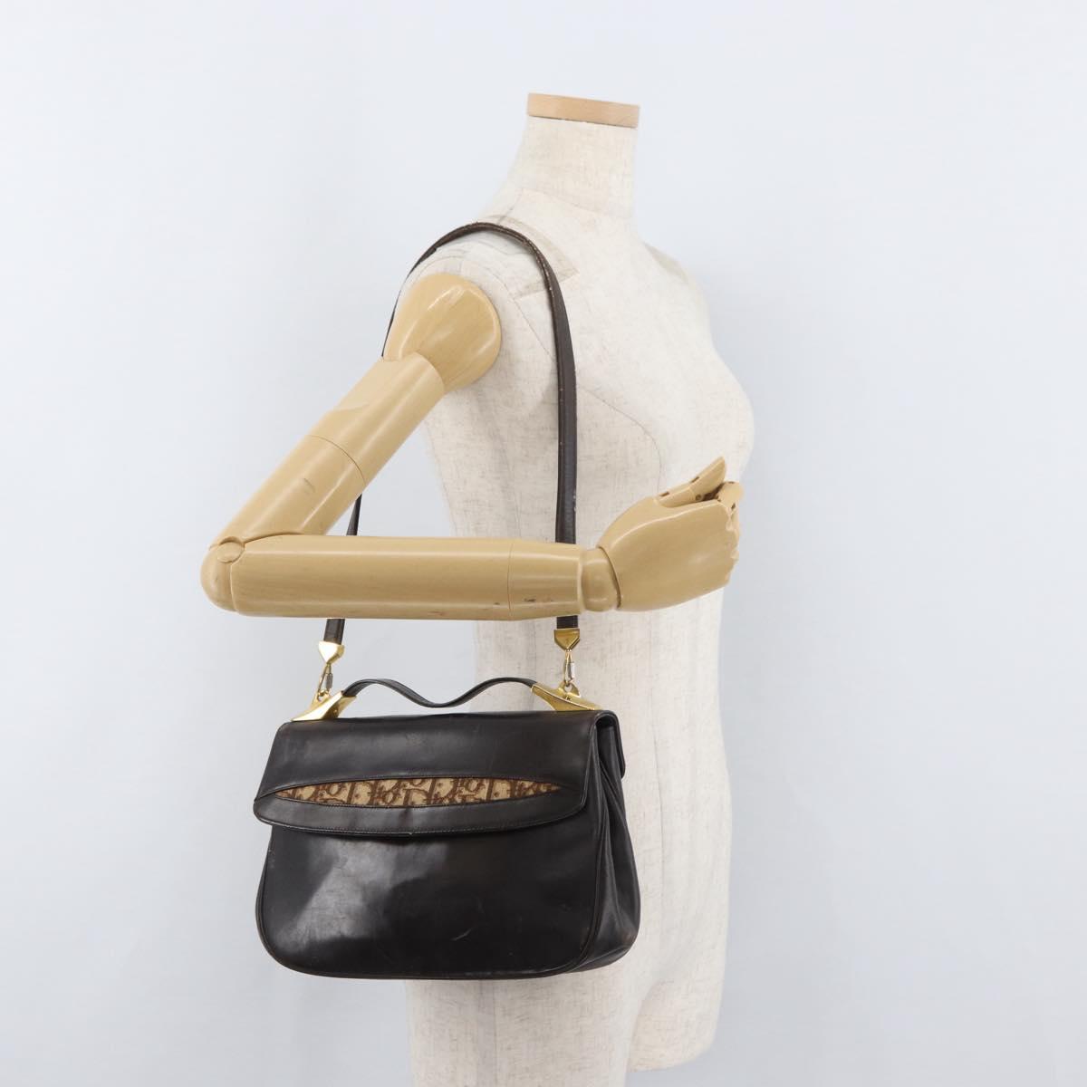 Christian Dior Hand Bag Calf Skin 2way Dark Brown Gold Auth 180355