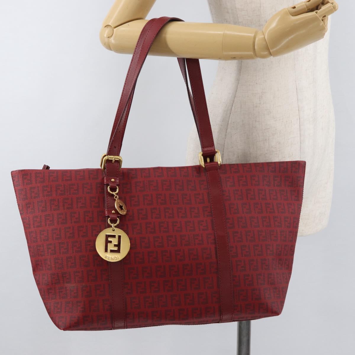 FENDI Zucchino Canvas Tote Bag PVC Red Gold Auth 180357A