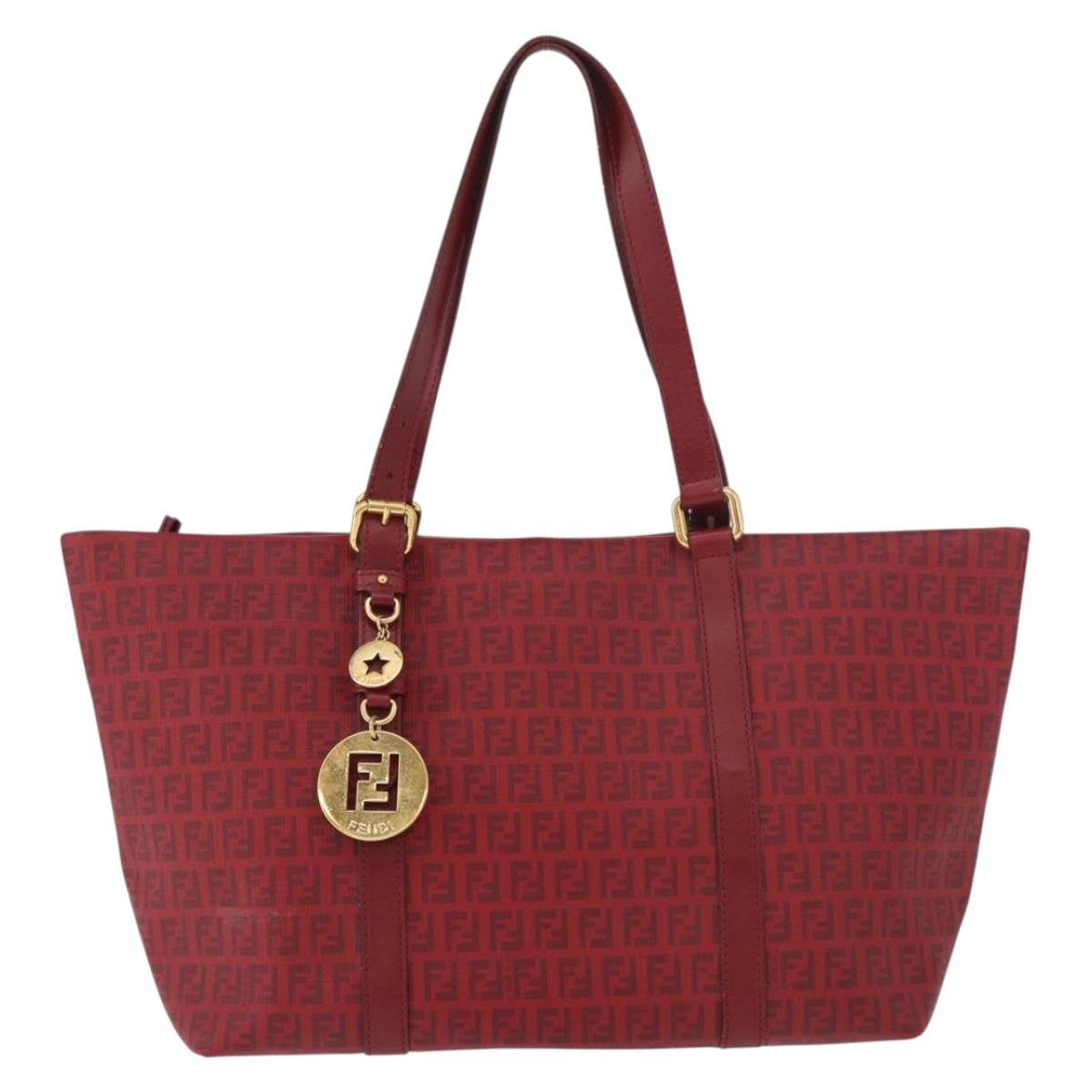 FENDI Zucchino Canvas Tote Bag PVC Red Gold Auth 180357A