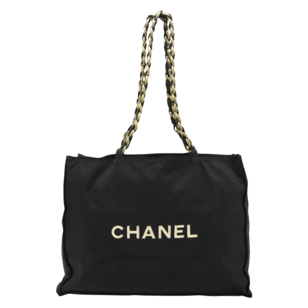 CHANEL Chain Shoulder Tote Bag Nylon Black Gold CC Auth 180433A
