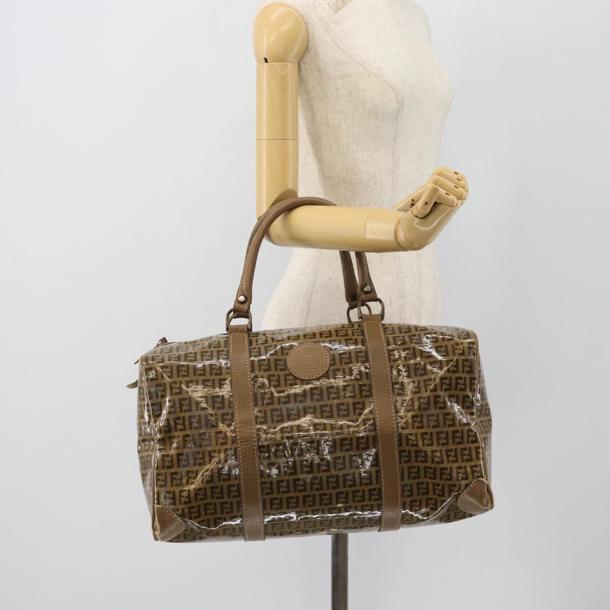 FENDI Zucchino Canvas Boston Bag Coated Canvas Beige Gold Auth 180478