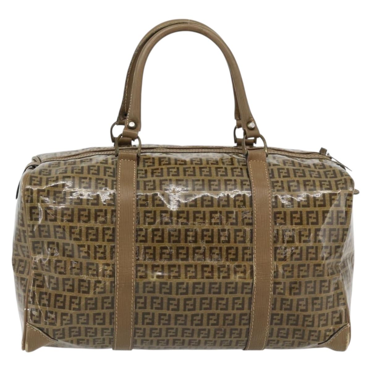 FENDI Zucchino Canvas Boston Bag Coated Canvas Beige Gold Auth 180478