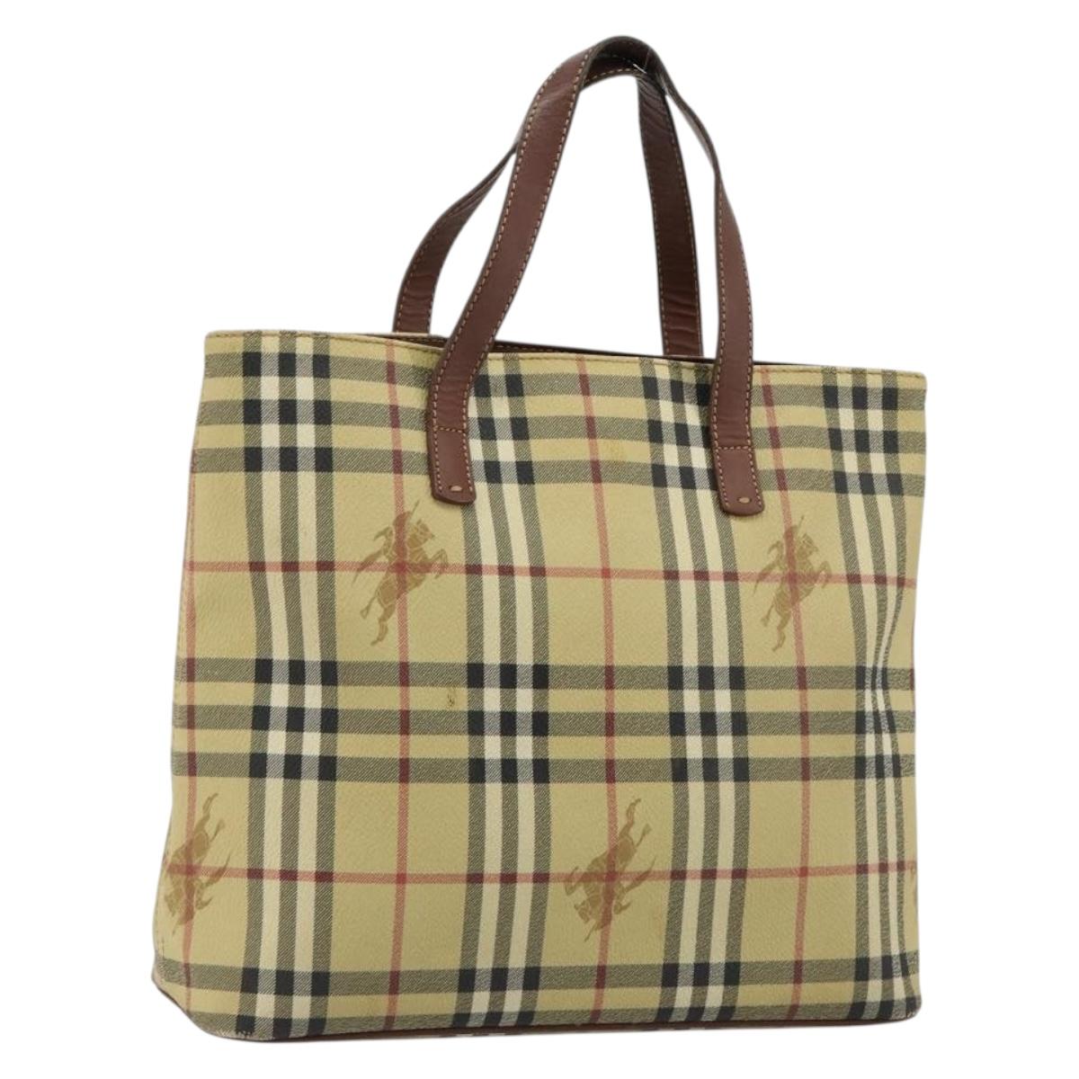 BURBERRY Nova Check Hand Bag PVC Beige Gold Auth 180482A