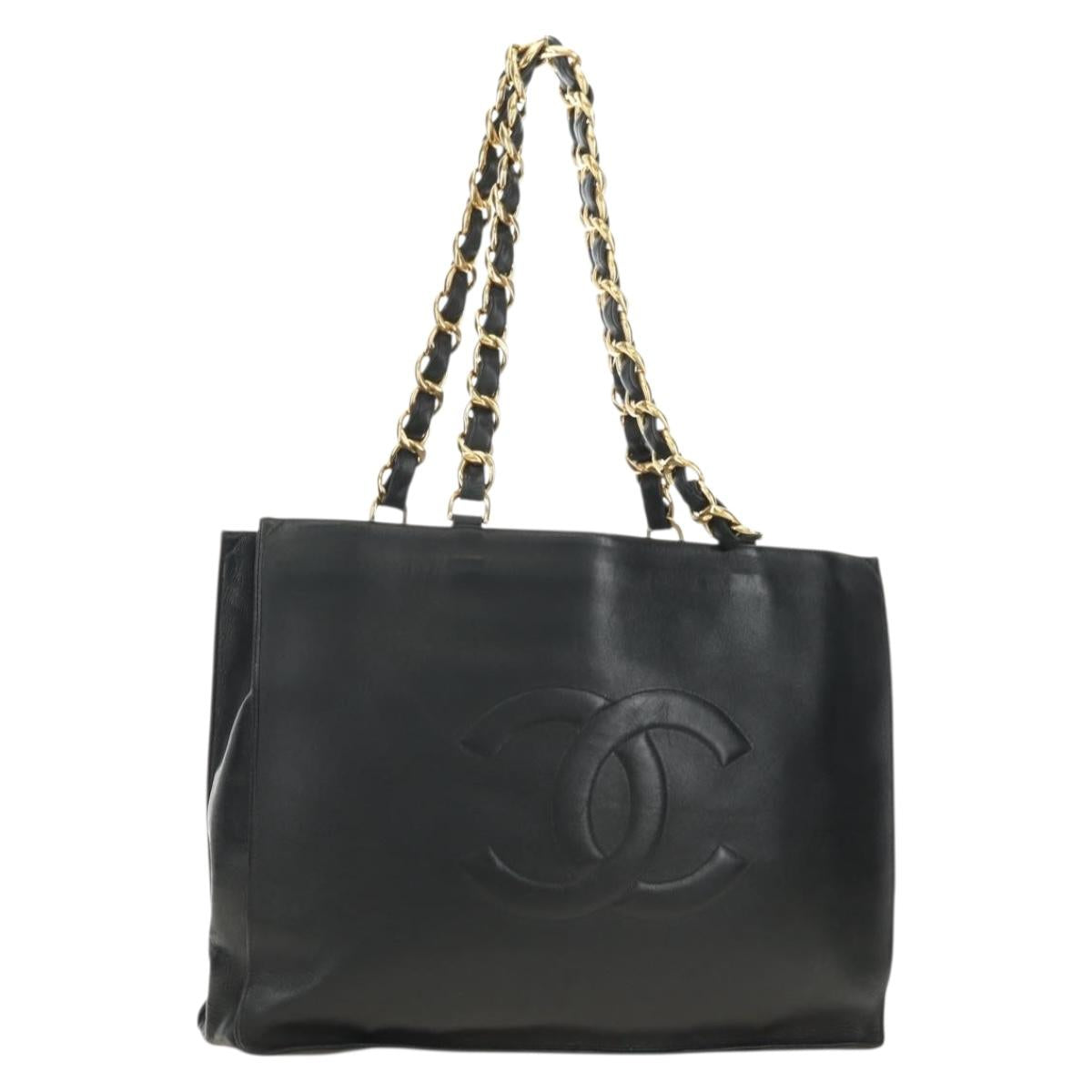 CHANEL Chain Tote Bag Leather Black Gold CC Auth 180487SAV